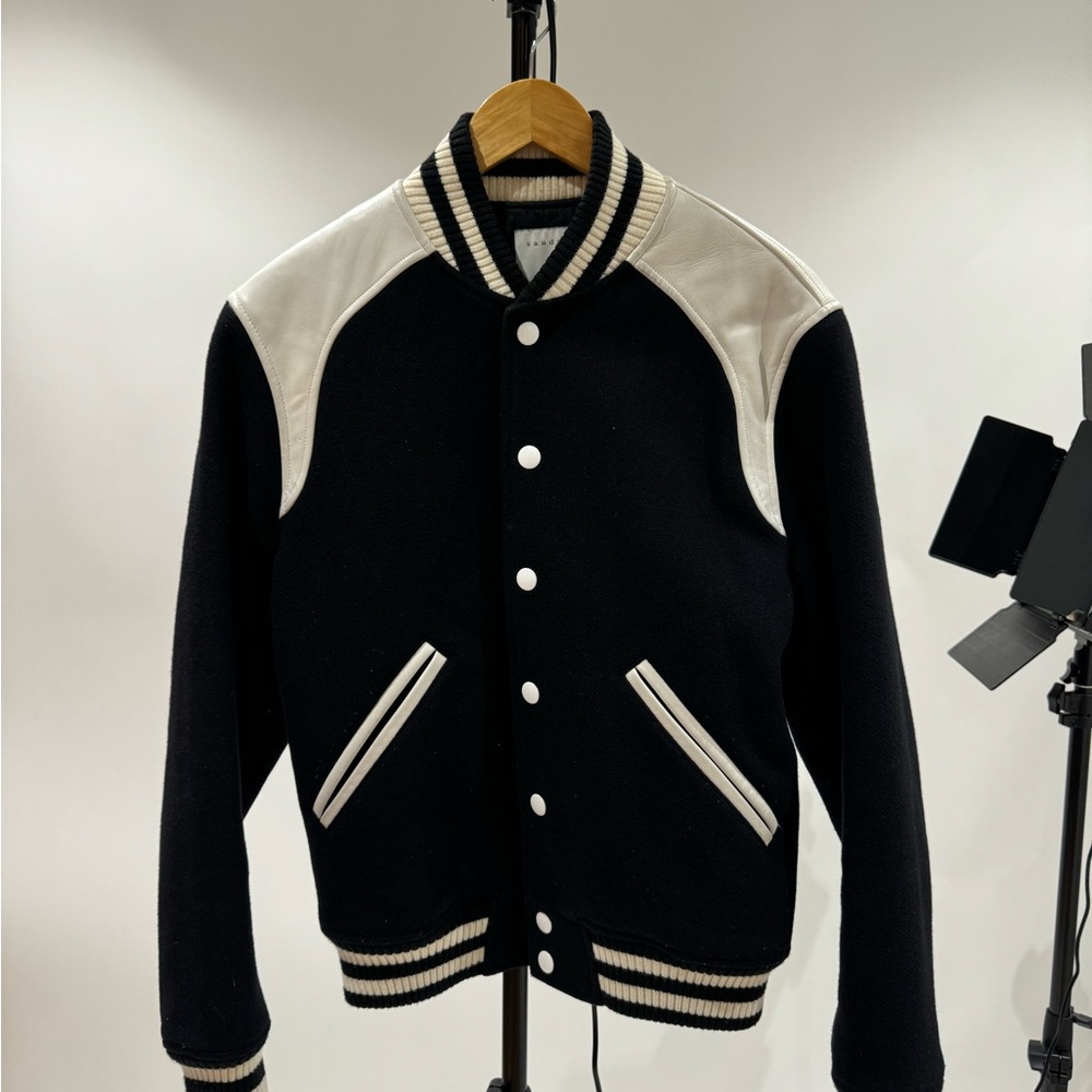 Sandro Black and White Bomber Jacket Classic Varsity Style